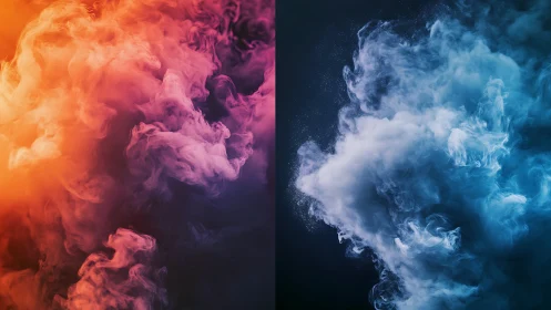 Dual colored smoke clouds collide in vibrant contrast.