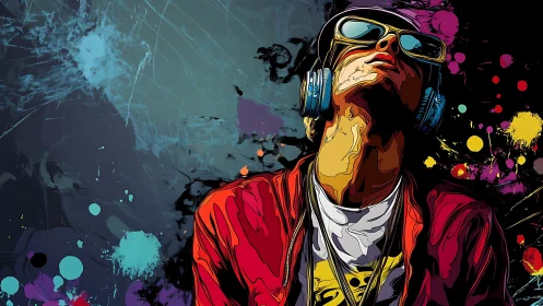 Vector pop-art portrait with splatter-style urban backdrop.