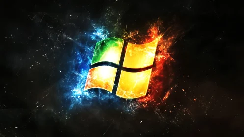 Glowing four-panel window emblem with fiery energy burst.