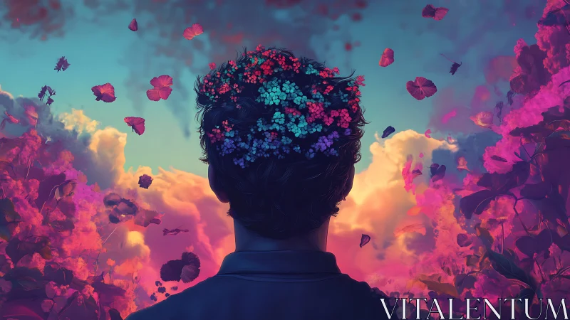 Silhouetted dreamer contemplates surreal floral sky