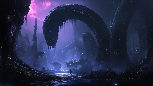 Colossal alien arches curve above lone explorer skyline.