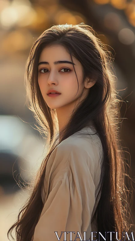 Soft golden-hour portrait of young woman with long hair.