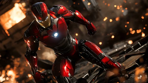 Powerful red armored hero lands strong in a fiery battleground