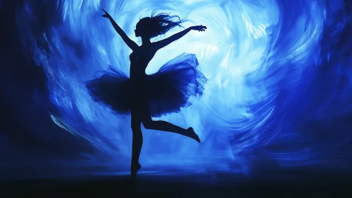 Silhouetted ballerina arcs through luminous swirling blue vortex