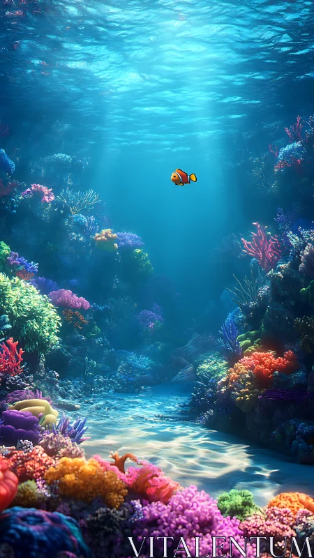 Tiny clownfish sails through a canyon of neon coral dreams