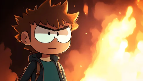 Defiant cartoon hero stands unshaken before raging flames.