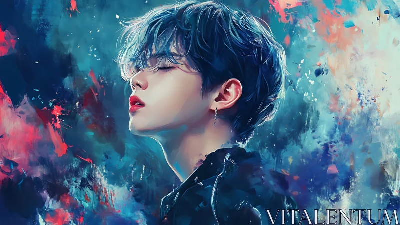 Side-lit portrait of androgynous figure in abstract chromatic haze