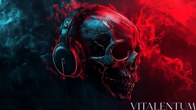 Metallic skull with headphones appears amid red and blue smoke