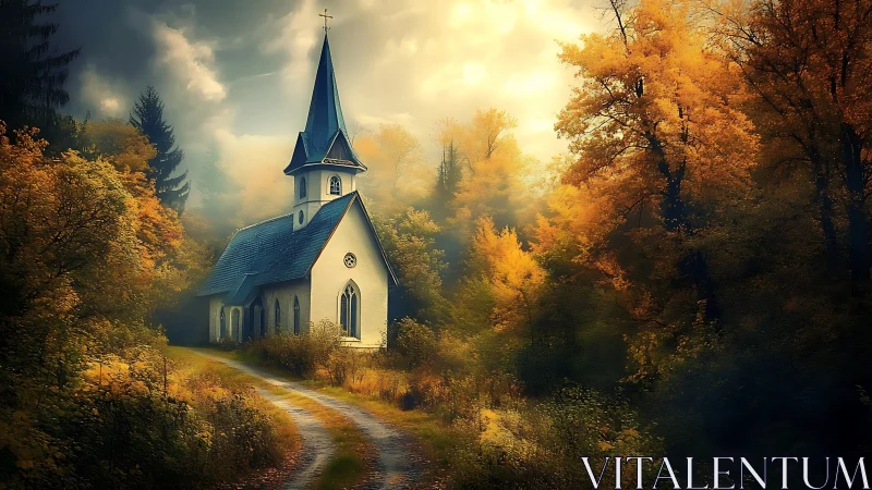 Autumn forest chapel rendered in luminous digital pastoral light