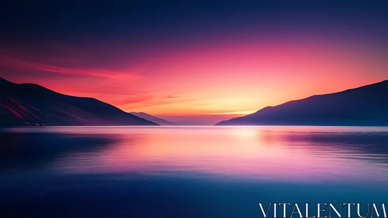 Vibrant sunset over tranquil mountain lake horizon.