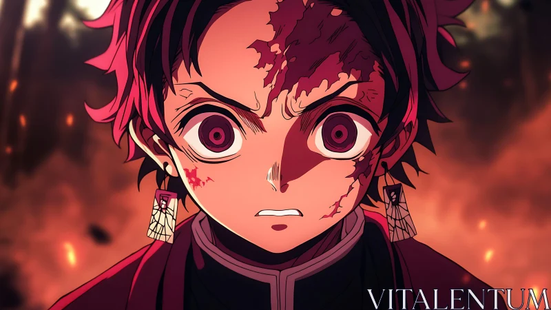 Fierce anime hero under ember‑lit sky, eyes blazing resolve.