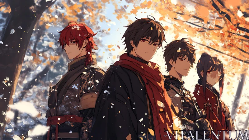 Four red-eyed figures in red scarves under autumn leaves.