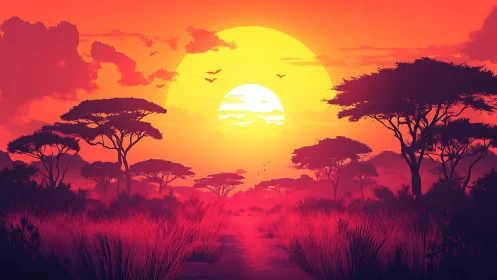 Blazing savanna sunset silhouettes acacia trees in haze.