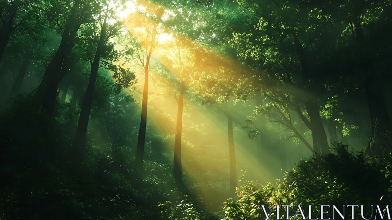 Golden morning sunlight pours gently through a lush forest
