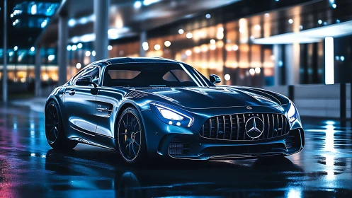 Sleek blue sports coupe under neon lights at night street.