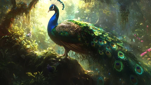 Jungle peacock conducts sunlight like a living emerald comet
