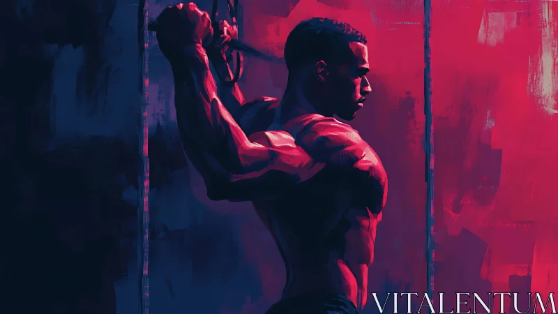 Neon-lit athlete trains with cables in bold magenta light.