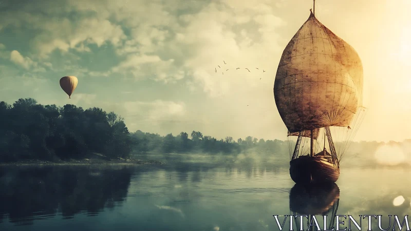 Sailboat crosses misty river beside distant hot air balloon