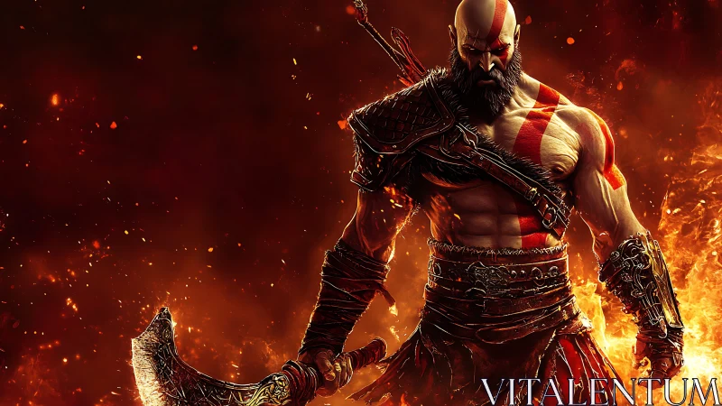 Armored warrior stands amid dense flames in digital render