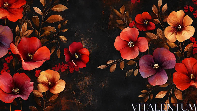 Luxe Floral Composition: Red Blooms Against Oxidized Dark Ground.