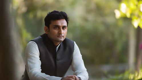 Man sits outdoors in soft natural light, looking thoughtful