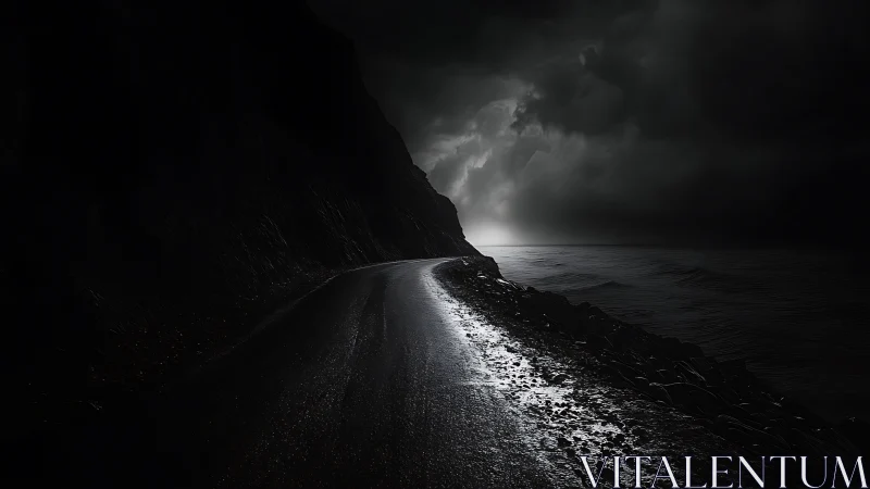 Coastal road curves into storm-lit horizon under dense clouds