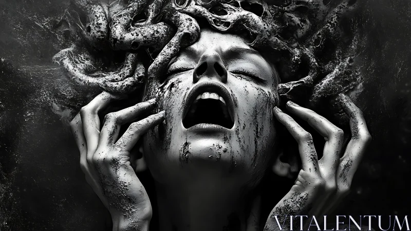 Medusa inspired monochrome portrait with textured decay.