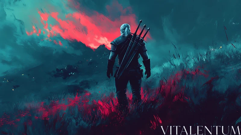 Armored figure stands in stylized landscape with distant fire