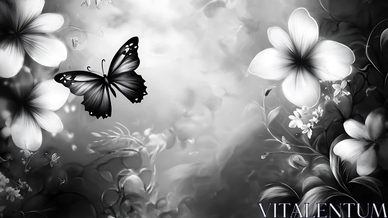 Monochrome butterfly amid stylized floral foliage composition.