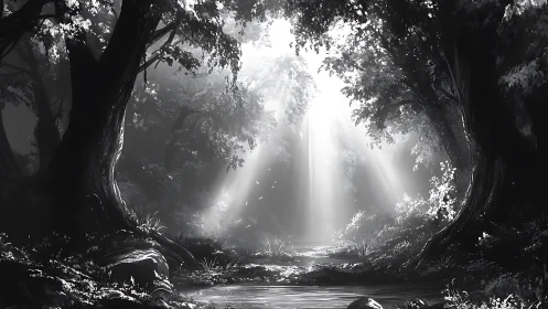 Soft morning light pours gently into a quiet forest stream