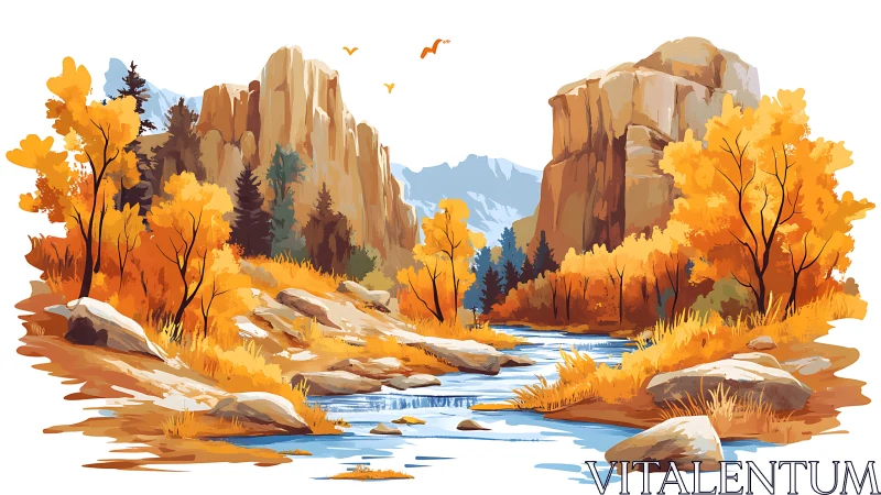 Golden autumn canyon glows around a tranquil mountain river
