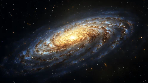 Spiral galaxy core rendered in luminous cosmic dust field.