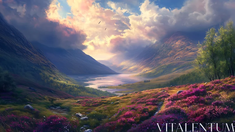 Sunlit alpine valley renders atmospheric depth and floral color