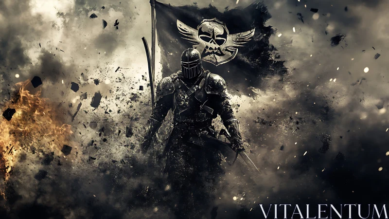 Ironclad war phantom strides through shattering battlefield haze