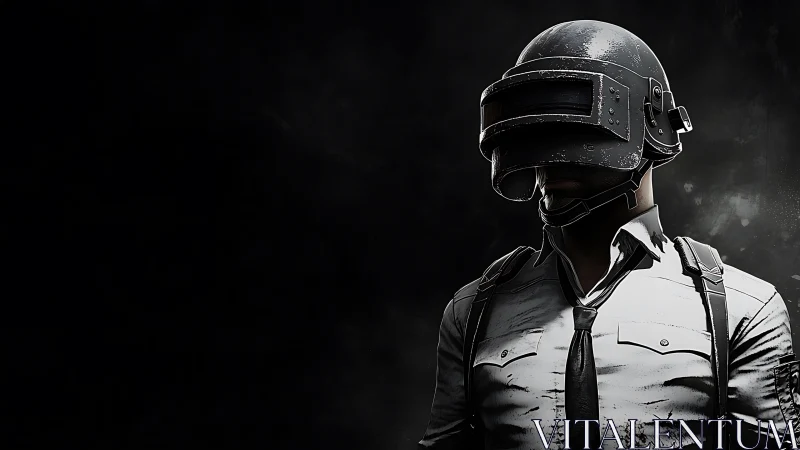 Helmeted survivor rises from the shadows of digital warfare.