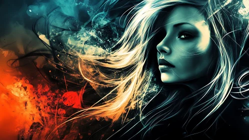 Digital female portrait integrates dynamic bicolor abstractions