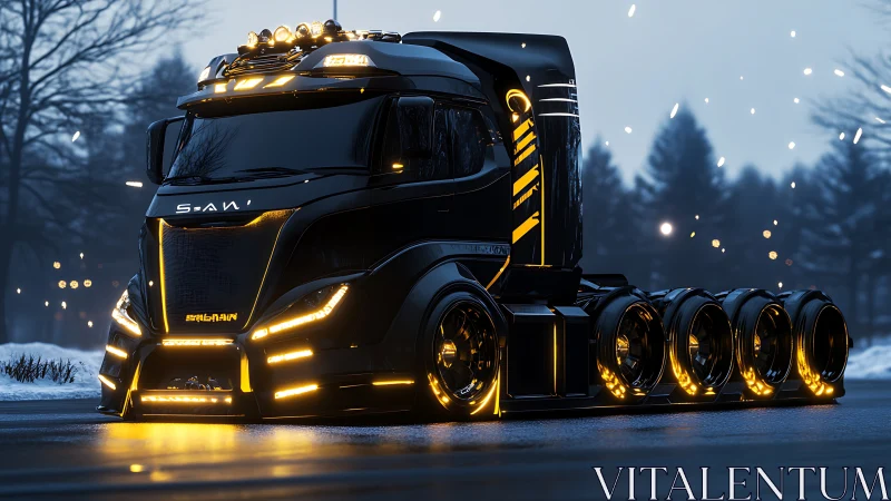 Futuristic black semi truck glows with neon amber lighting.
