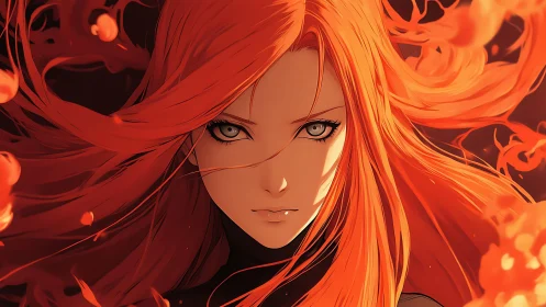 Fiery-haired anime heroine with intense burning gaze.