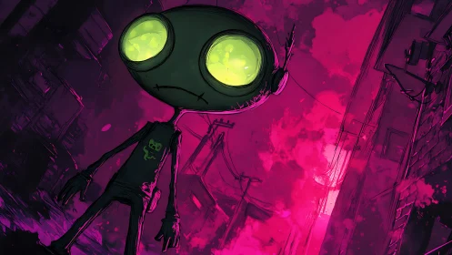 Alien figure in neon alley under intense magenta sky.