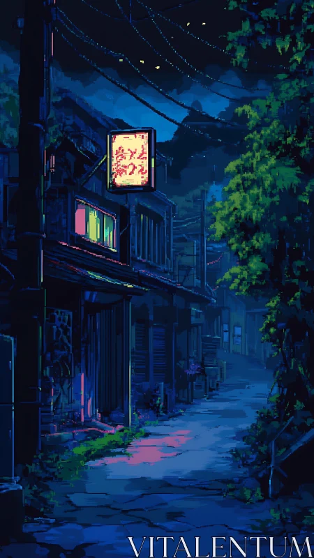 Neon-lit alleyway rests under a tranquil midnight sky