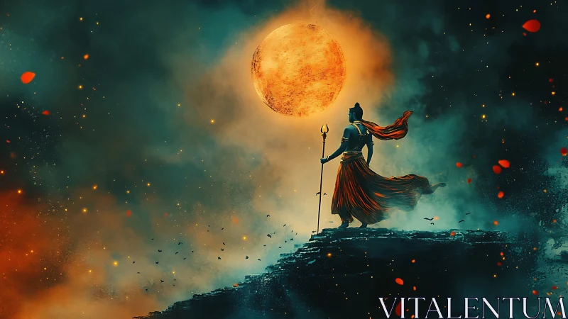 Warrior silhouette under fiery moon on misty cliff.