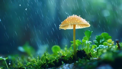 Rainlit forest mushroom crowned with sparkling dew jewels.
