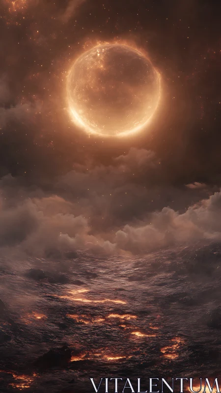 Luminous molten seascape mirrors an eclipsed celestial sphere