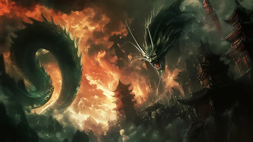 Stormlit sky serpent over a burning mythic kingdom.
