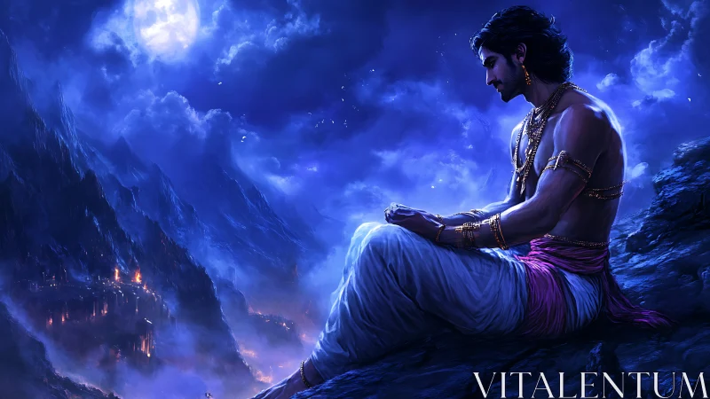 Moonlit mountain sage resting above a dreaming valley.