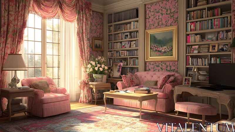 Sunlit floral library whispers through rose-tinted cushions
