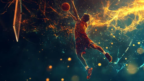 Basketball player executes midair dunk with abstract light trails