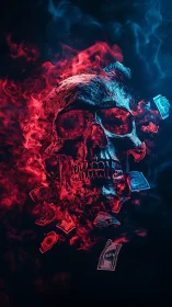 Burning skull with flying money in red blue digital fire.