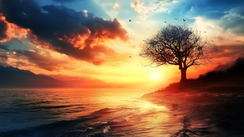 Solitary shoreline tree under blazing cinematic sunset sky.