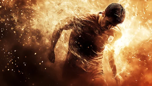 Soccer player in motion within abstract fiery effects.